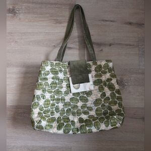 R&Y Augousti Paris Woven Raffia Tote Bag Green Suede Handles Artisan France